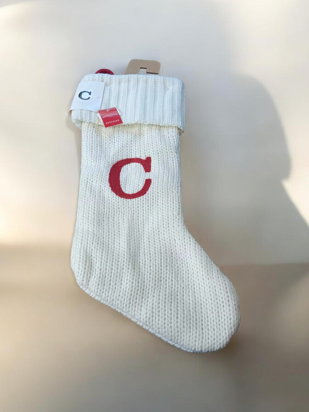 Kids Ivory Knit Christmas Stocking with Red 'C' Initial
